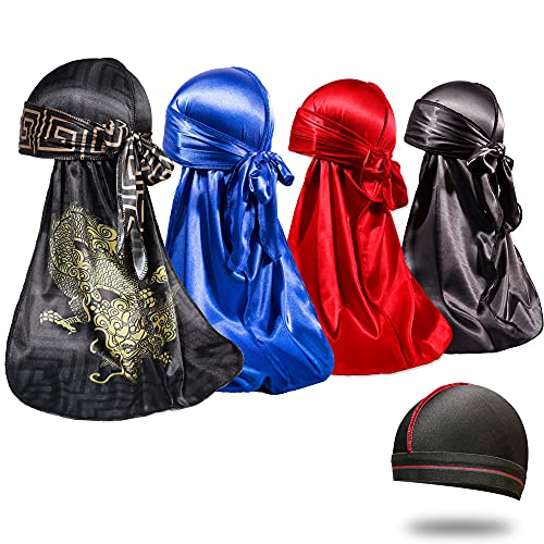 4 x seidige Durags für Herren 360 Wellen, Designer Do Rag, Award 1 Wave Cap, Dragan Blau Schwarz Rot, MEDIUM von ForceWave