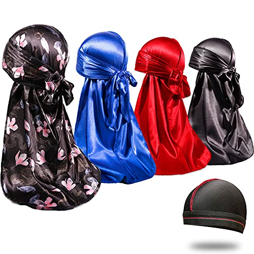 4 x seidige Durags für Herren 360 Wellen, Designer Do Rag, Award 1 Wave Cap, Snackblume blau schwarz rot, MEDIUM von ForceWave