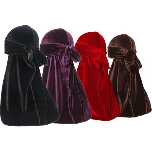 ForceWave Velvet Durags für Herren Premium Du Rags 4er Pack für Männer Frauen mit langem Schwanz und breitem Riemen von ForceWave