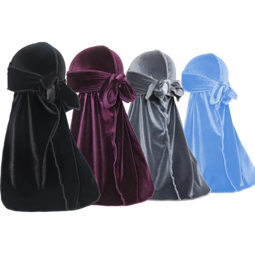 ForceWave Velvet Durags für Herren Premium Du Rags 4er Pack für Männer Frauen mit langem Schwanz und breitem Riemen von ForceWave