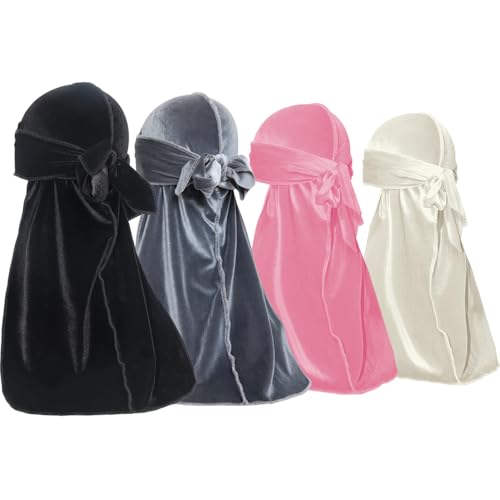 ForceWave Velvet Durags für Herren Premium Du Rags 4er Pack für Männer Frauen mit langem Schwanz und breitem Riemen von ForceWave