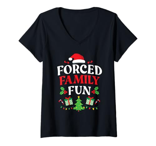 Damen Forced Family Fun Shirt Damen Herren Kinder Weihnachten Pyjama Set T-Shirt mit V-Ausschnitt von Forced Family Fun Christmas Sarcastic Tees
