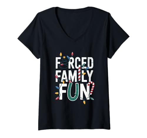 Damen Zwangsfamilie Spaß Weihnachtsbeleuchtung Humor Sarkasmus Familie Witz T-Shirt mit V-Ausschnitt von Forced Family Sarcastic Family Christmas Holiday