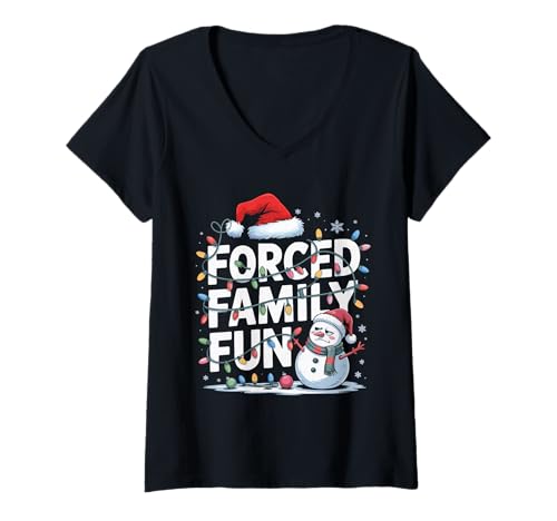 Damen Zwangsfamilie Spaß Schneemann Weihnachtsbeleuchtung Kinder Männer Frauen T-Shirt mit V-Ausschnitt von Forced Family Xmas Party Pajamas