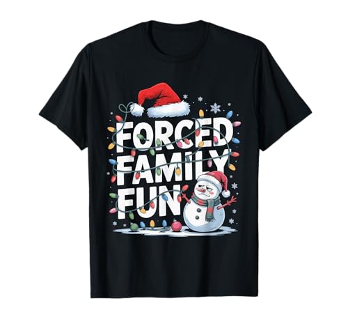 Zwangsfamilie Spaß Schneemann Weihnachtsbeleuchtung Kinder Männer Frauen T-Shirt von Forced Family Xmas Party Pajamas