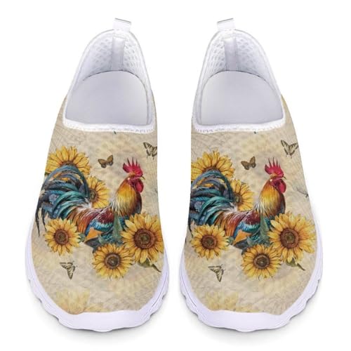 Forchrinse Music Note Damen-Wanderschuhe Go Walk Weiches Mesh Slip on Sneakers Leichte Arbeitsschuhe, Hahn Sonnenblume, 35 EU Weit von Forchrinse