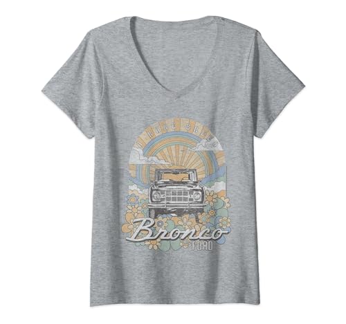 Damen Ford Bronco A Rare Breed Retro Flowers And Sun T-Shirt mit V-Ausschnitt von Ford