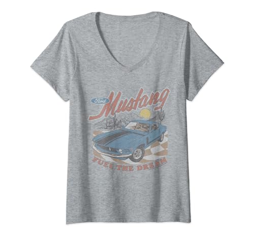 Damen Ford – Mustang Fuel The Dream Blue Car In Desert Landscape T-Shirt mit V-Ausschnitt von Ford