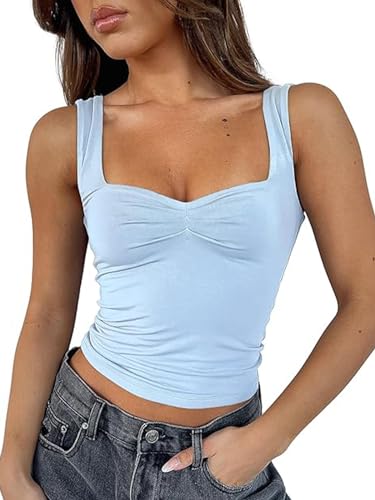 ForeFair Frauen ärmelloses sexy rückenfreies Ausgehen Crop Top Y2K Riemchen gerafft Tank Top Sommer Eng Slim Fit Cute Tops, Babyblau, Klein von ForeFair