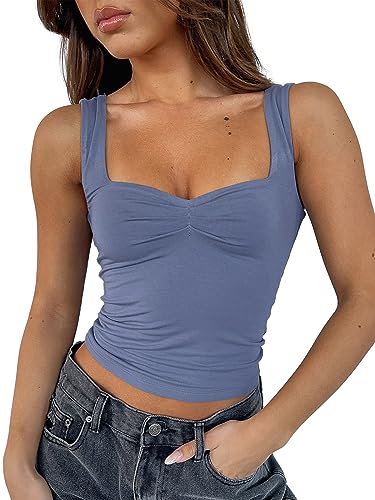 ForeFair Frauen ärmelloses sexy rückenfreies Ausgehen Crop Top Y2K Riemchen gerafft Tank Top Sommer Eng Slim Fit Cute Tops, Graublau, Klein von ForeFair