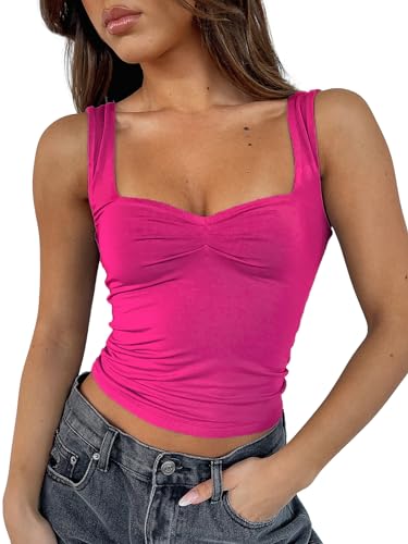 ForeFair Frauen ärmelloses sexy rückenfreies Ausgehen Crop Top Y2K Riemchen gerafft Tank Top Sommer Eng Slim Fit Cute Tops, Rosenrot, Klein von ForeFair