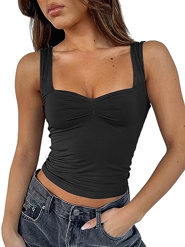 ForeFair Frauen ärmelloses sexy rückenfreies Ausgehen Crop Top Y2K Riemchen gerafft Tank Top Sommer Eng Slim Fit Cute Tops, Schwarz, X-Klein von ForeFair