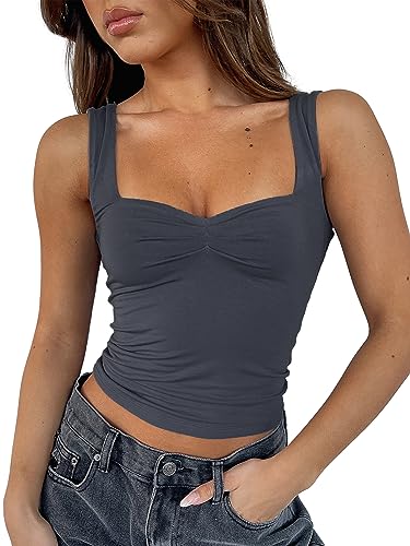 ForeFair Frauen ärmelloses sexy rückenfreies Ausgehen Crop Top Y2K Riemchen gerafft Tank Top Sommer Eng Slim Fit Cute Tops, Tiefgrau, Groß von ForeFair