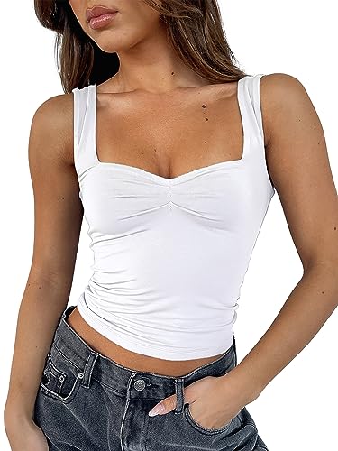 ForeFair Frauen ärmelloses sexy rückenfreies Ausgehen Crop Top Y2K Riemchen gerafft Tank Top Sommer Eng Slim Fit Cute Tops, Weiss/opulenter Garten, Klein von ForeFair