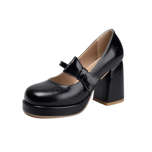 ForeMode Bow Mary Jane Schuhe High Heels Geschlossene Runde Zehen Pumps Leder Sommer Süß Schuh, Schwarza4-3, 36 EU von ForeMode