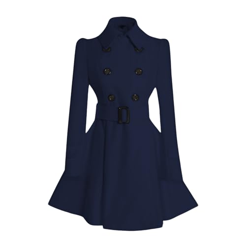 ForeMode Damen-Mantel mit zweireihigem Swing-Wollmantel mit Gürtelschnalle, mittellang, langärmelig, Revers, Outwear, Marineblau, Small von ForeMode
