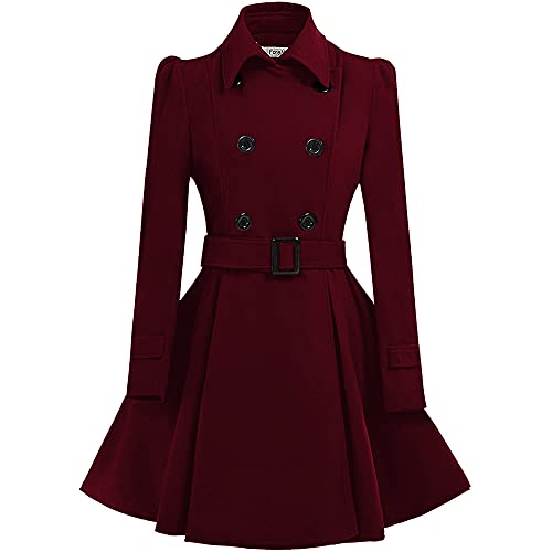 ForeMode Damen-Mantel mit zweireihigem Swing-Wollmantel mit Gürtelschnalle, mittellang, langärmelig, Revers, Outwear, Weinrot, M von ForeMode