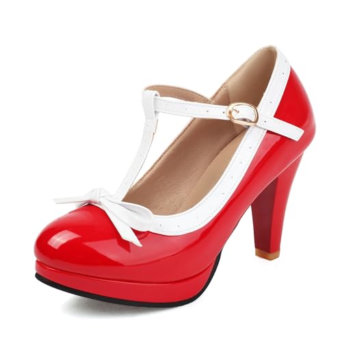 ForeMode Fashion Damen T-Strap High Heels Schleife Plateau Runde Zehen Pumps Leder Sommer Lolita Süße Schuhe, Rot (Rot5), 47 EU von ForeMode