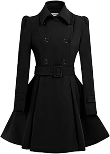 ForeMode Frauen Swing zweireihiger Wollmantel mit Gürtelschnalle Frühling mittellang lange Ärmel Revers Kleider Outwear, Schwarz5, XX-Large von ForeMode
