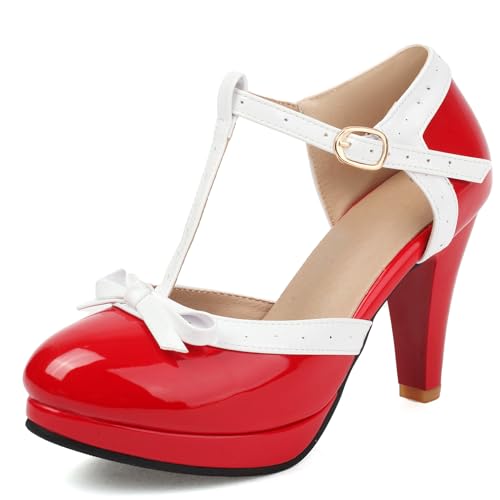 ForeMode Mode Frauen T-Strap High Heels Schleife Plattform Runde Zehe Pumps Leder Sommer Lolita Süße Schuhe (Red, Numeric_41) von ForeMode