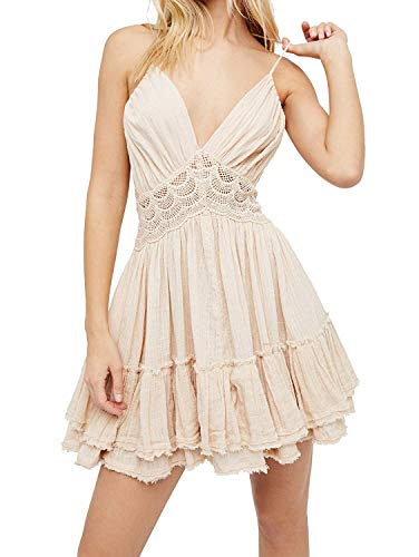 ForeMode Sommer Tiefer V-Ausschnitt Bohemian Frauen Mini Kurz Kleid Rückenfrei Strand Boho Kleid Gr. L, beige von ForeMode