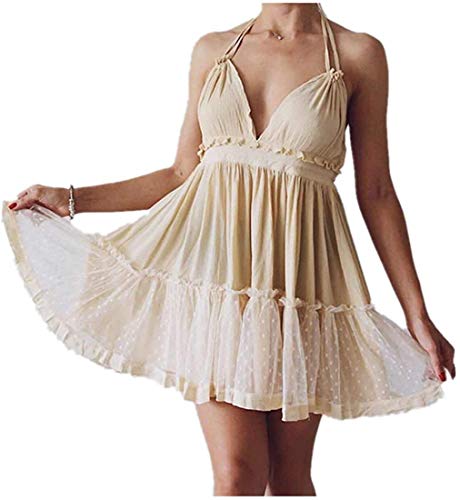 ForeMode Sommer Tiefer V-Ausschnitt Bohemian Frauen Mini Kurzes Kleider Sommerkleidung Rückenfrei Strand Boho Kleid, Beige2, Klein von ForeMode