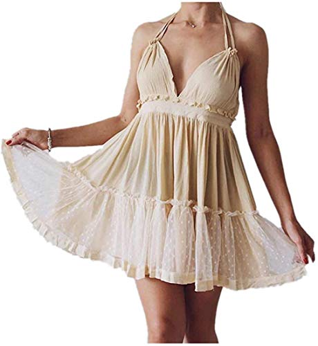 ForeMode Sommer Tiefer V-Ausschnitt Bohemian Frauen Mini Kurzes Kleid Rückenfrei Strand Boho Kleid, Beige2, Mittel von ForeMode