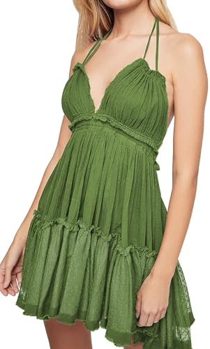 ForeMode Sommerkleid Bohemian Frauen Minikleid rückenfrei Strandkleid Urlaub Boho Kleid Gr. L, grün von ForeMode