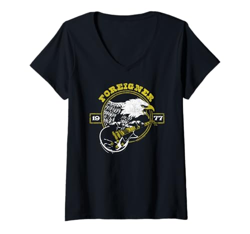 Damen Foreigner 1977 Eagle with Guitar Vintage Band T-Shirt mit V-Ausschnitt Damen Foreigner 1977 Eagle with Guitar Vintage Band T-Shirt mit V-Ausschnitt von Foreigner