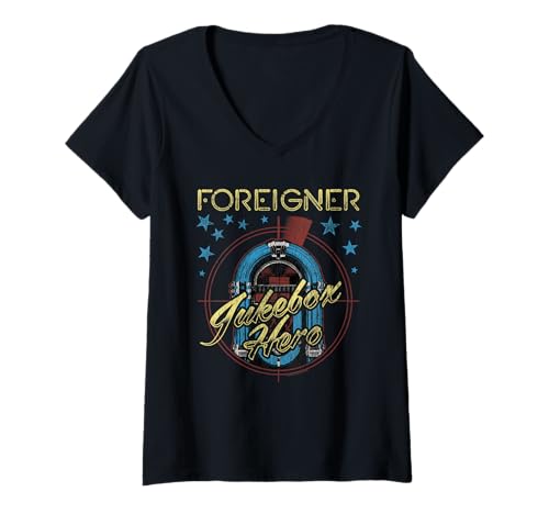 Damen Foreigner Retro Jukebox Hero with Stars Vintage Band T-Shirt mit V-Ausschnitt Damen Foreigner Retro Jukebox Hero with Stars Vintage Band T-Shirt mit V-Ausschnitt von Foreigner