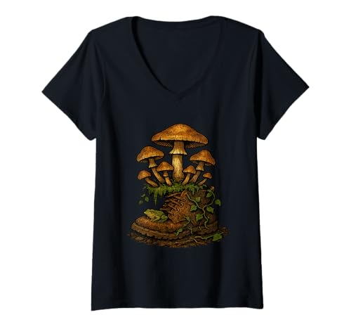 Damen Wildpilze wachsen im Stiefel mit Frosch Natur T-Shirt mit V-Ausschnitt von Forest And Nature Artworks