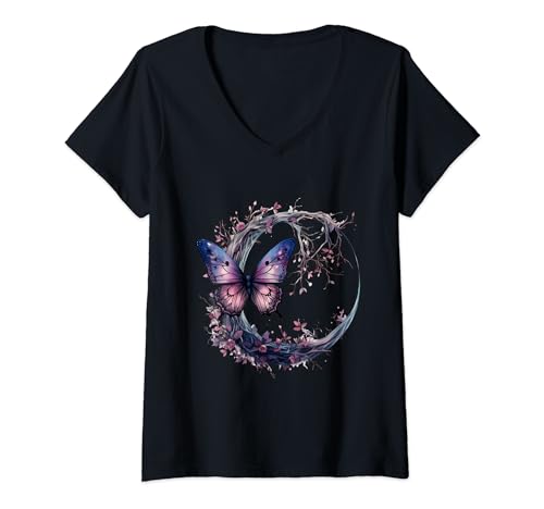 Damen Schmetterling Wildlife Mond Fantasy Tier Kunst Natur Kunstwerk T-Shirt mit V-Ausschnitt von Forest Animal Art