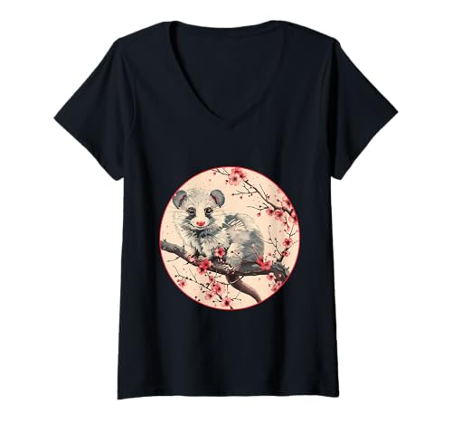Damen Süßes Opossum Lover Motiv Wald Tierwelt Opossum Tier T-Shirt mit V-Ausschnitt von Forest Animal Art