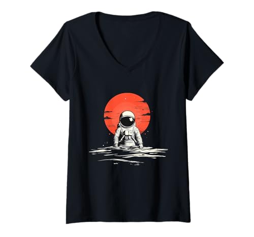 Damen Astronaut Sonnenuntergang Weltraum Vollmond T-Shirt mit V-Ausschnitt Damen Astronaut Sonnenuntergang Weltraum Vollmond T-Shirt mit V-Ausschnitt von Forest Animal Wild Art