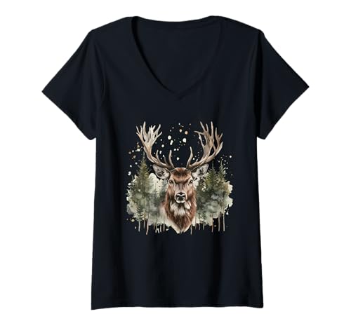 Damen Hirsch Waldtier Wild Natur T-Shirt mit V-Ausschnitt Damen Hirsch Waldtier Wild Natur T-Shirt mit V-Ausschnitt von Forest Animal Wild Art
