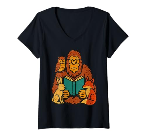 Damen Niedliches Bigfoot Lesebuch mit Eule, Hase, Fuchs, gemütlich T-Shirt mit V-Ausschnitt Damen Niedliches Bigfoot Lesebuch mit Eule, Hase, Fuchs, gemütlich T-Shirt mit V-Ausschnitt von Forest Book Club outfits