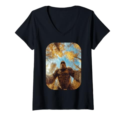 Damen Lustiges Bigfoot Selfie Herbst Blätter Wald Herbst Ästhetik T-Shirt mit V-Ausschnitt Damen Lustiges Bigfoot Selfie Herbst Blätter Wald Herbst Ästhetik T-Shirt mit V-Ausschnitt von Forest Creature Selfie Fall Season Clothes