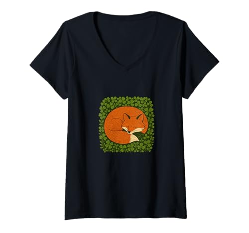 Damen Schlafender Fuchs, gemütlich, Herbst, Wald, Tier, Naturliebhaber T-Shirt mit V-Ausschnitt Damen Schlafender Fuchs, gemütlich, Herbst, Wald, Tier, Naturliebhaber T-Shirt mit V-Ausschnitt von Forest Dreams Studio Ireland