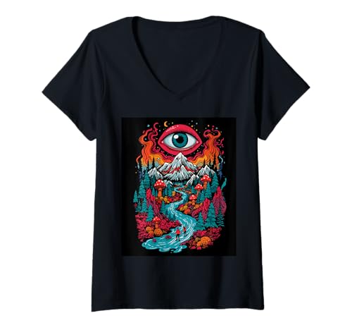 Damen Gute Laune, bunt, Wald, Spaß, Traum, Gute Zeit T-Shirt mit V-Ausschnitt von Forest Happyness Fantasy Mushrooms