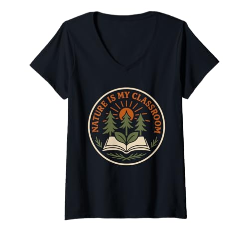 Damen Waldschullehrer Outdoor Naturpädagoge Wild Learning T-Shirt mit V-Ausschnitt von Forest Kindergarten Eco Education Alternative