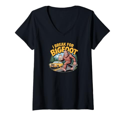 Damen Ich breche für Bigfoot Lustiger Cryptid Sasquatch Hunter Humor T-Shirt mit V-Ausschnitt Damen Ich breche für Bigfoot Lustiger Cryptid Sasquatch Hunter Humor T-Shirt mit V-Ausschnitt von Forest Legend Co.
