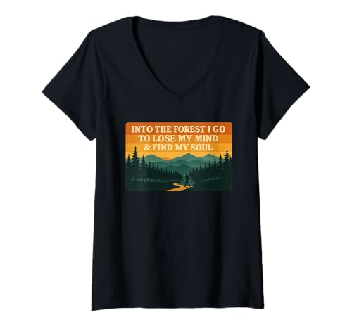 Damen Vintage Wandern Wald und Berge Wanderer T-Shirt mit V-Ausschnitt von Forest Mind Adventure Co