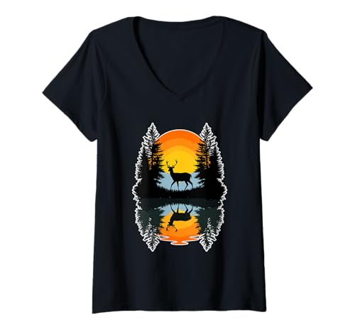 Damen Buck Wildlife Hirsch Natur Geweih Wildnis See T-Shirt mit V-Ausschnitt Damen Buck Wildlife Hirsch Natur Geweih Wildnis See T-Shirt mit V-Ausschnitt von Forest Quiet Moment Camping
