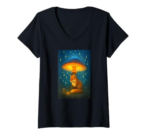 Damen Skurrile Fuchs unter Pilzdach T-Shirt mit V-Ausschnitt Damen Skurrile Fuchs unter Pilzdach T-Shirt mit V-Ausschnitt von Forest Spirits