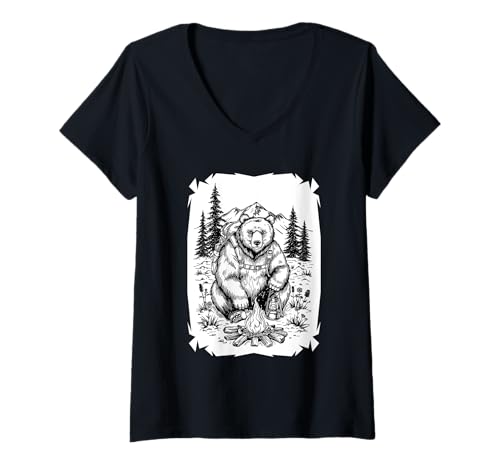 Damen Forest Camping Season Bär Berg Lagerfeuer Bär Pfote T-Shirt mit V-Ausschnitt Damen Forest Camping Season Bär Berg Lagerfeuer Bär Pfote T-Shirt mit V-Ausschnitt von Forest Strong Bear Campfire and Mountain Trip
