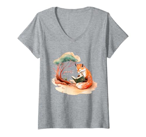 Damen Fox Lesebuch unter Baum skurril T-Shirt mit V-Ausschnitt von Forest Wildlife Reading Nature Art Fox Vintage