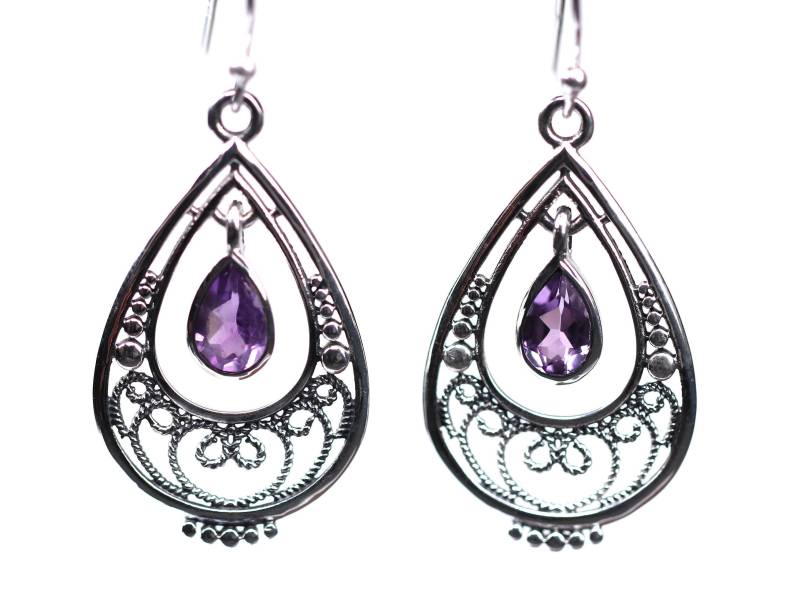 Boho Amethyst Ohrringe - Einzigartige Sterling Silber Filigree Tropfen Birnenform Boho Amethyst Ohrringe - Einzigartige Sterling Silber Filigree Tropfen Birnenform von ForestCitySilver925
