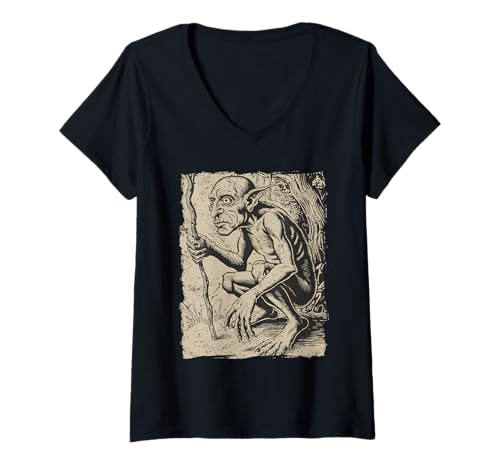 Damen Gruselige Koboldkreatur im Holzschnitt-Stil Fantasie T-Shirt mit V-Ausschnitt Damen Gruselige Koboldkreatur im Holzschnitt-Stil Fantasie T-Shirt mit V-Ausschnitt von ForestCreep
