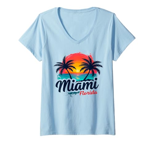 Damen Miami Florida Sunset - Palm Tree Beach Coastal Vibes T-Shirt mit V-Ausschnitt von Forever 305