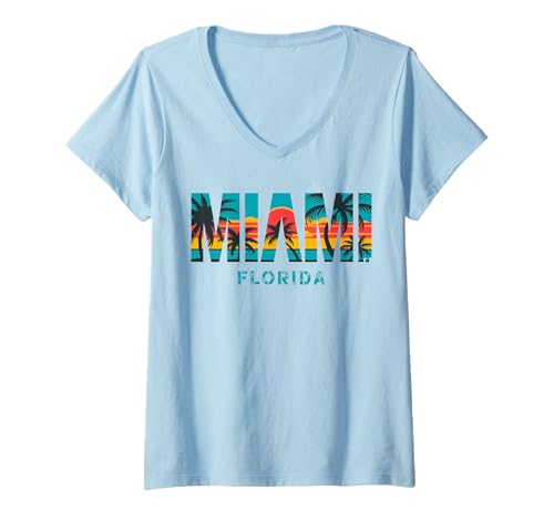 Damen Miami Florida Sunset - Vintage Palm Tree Beach Vibes T-Shirt mit V-Ausschnitt von Forever 305